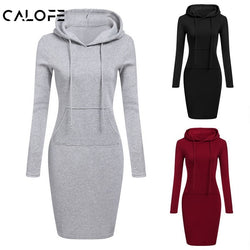 Winter Warm Fleece Sweatshirt Dress Long Sleeve Hoody