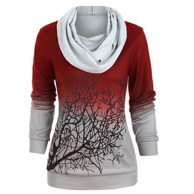Plus Size  Fashion Winter Turtleneck Tree Print Women Warm Hoodies